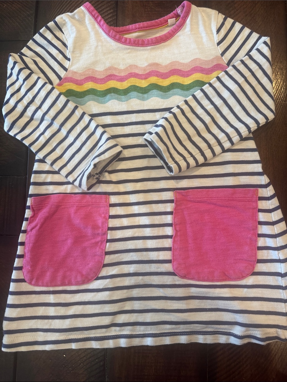 Mini Boden Navy Stripe Long-Sleeve Tunic with Pink Pockets and Rainbow Waves